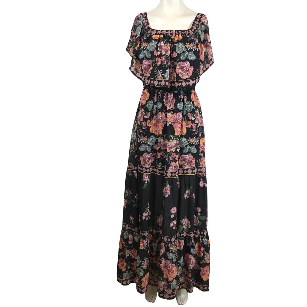 Jealous Tomato Black Floral Tiered Maxi Dress Small Boho Flutter Sleeve